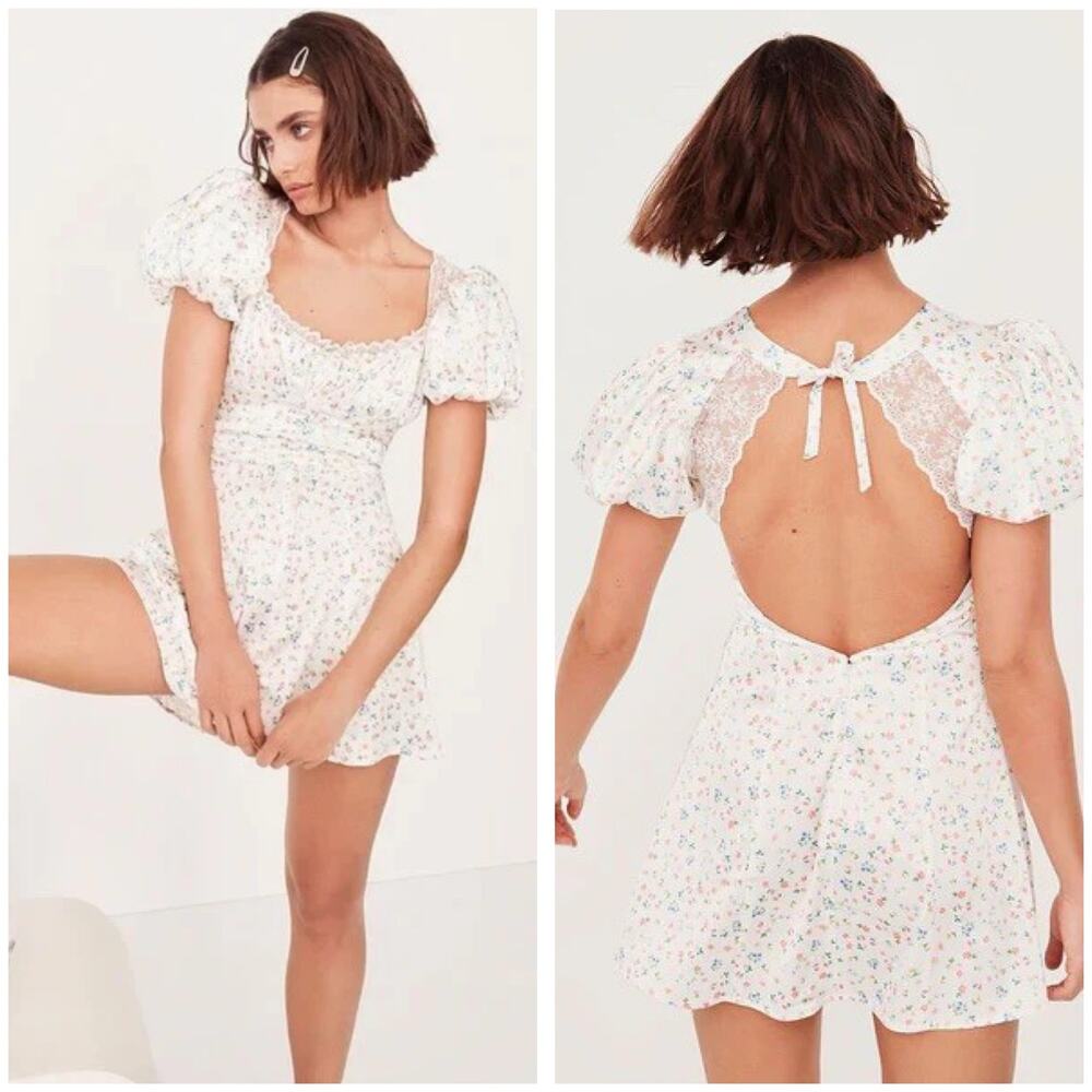 For Love And Lemons Lucy Mini Dress Size XS Floral Puff Sleeve Coquette Cottage